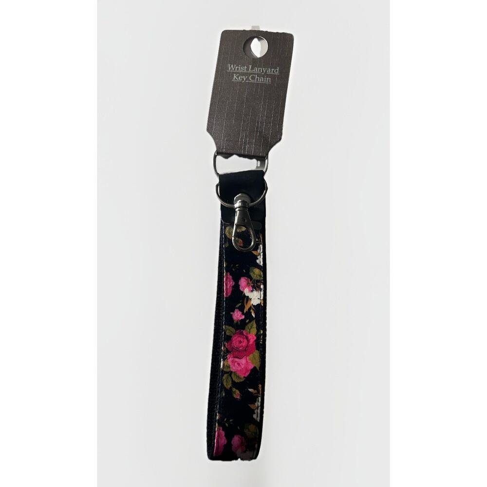 Floral Wristlet Keychain Strap Black Pink Rose Fabric Key Ring Holder